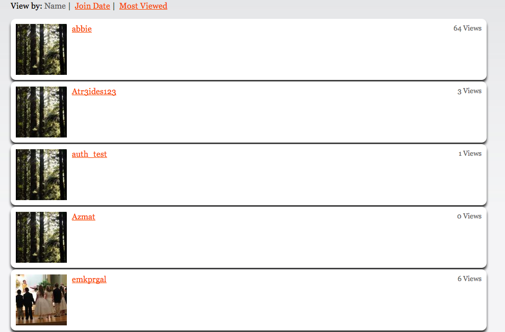 Browse Browse user profiles by name, date, number of views or celebrities only