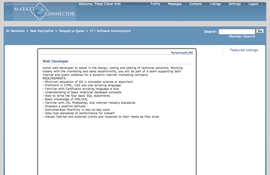 Job Listings Live job posting from a member